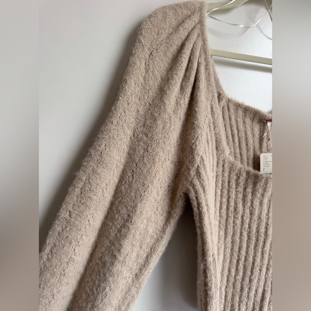 Free People Katie Rib Pullover Sweater Large Sand Balloon Sleeve Rib Cropped - Picture 4 of 11